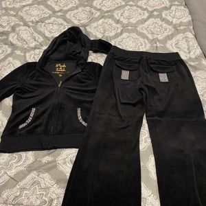 Black velour  & Jacket set! Bling embellishments on pockets of pants & jacket.